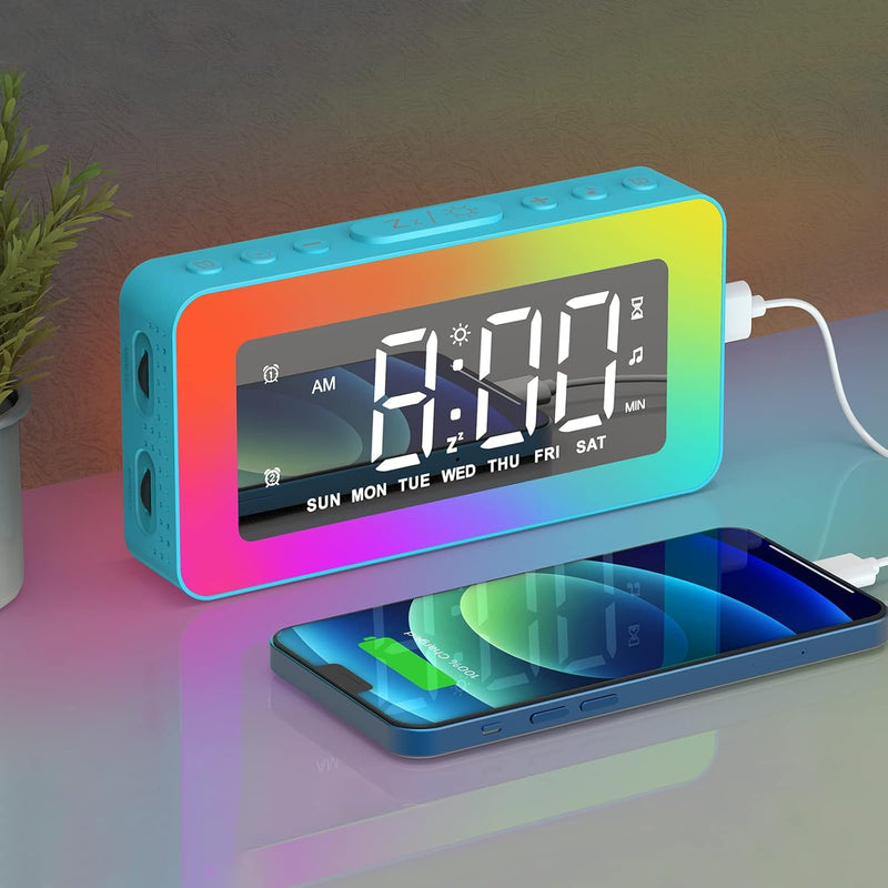 Digitaler elektronischer Wecker mit 2 Weckern, Spiegel LED mit 8 Lichtmodi, Snooze, Schlafhilfe, Tim