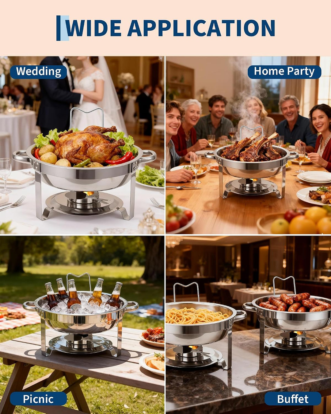 Set mit 4 runden Tellern aus Edelstahl 5L/6L – Deckel aus sichtbarem Glas – ideal für Partys, Hochze