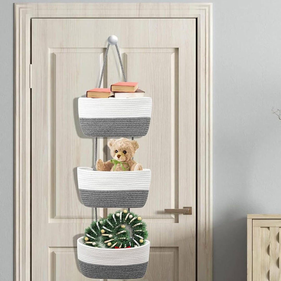 Hängende Aufbewahrungskörbe 3-stöckig über der Tür Hängekorb Baumwollseil Gewebt Wandbehang Organize