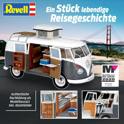 Revell 7674 Volkswagen VW T1 Bulli Camper, Campingbus zum Selberbauen 1:24, 18 cm Zubehör,