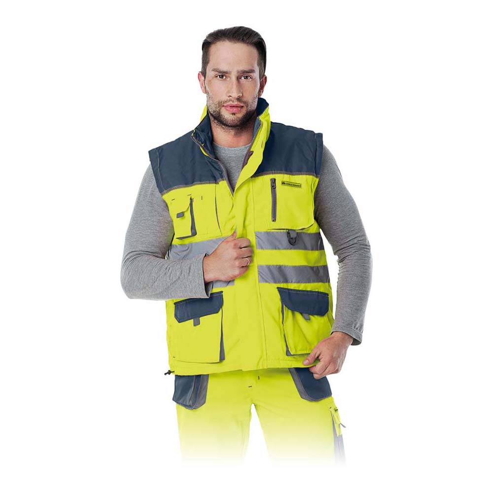 Warnweste Warnschutz Pilotenweste Arbeitsweste Warnschutzweste (LH-FMNX-V-ORANGE) M Gelb-Dunkelblau-