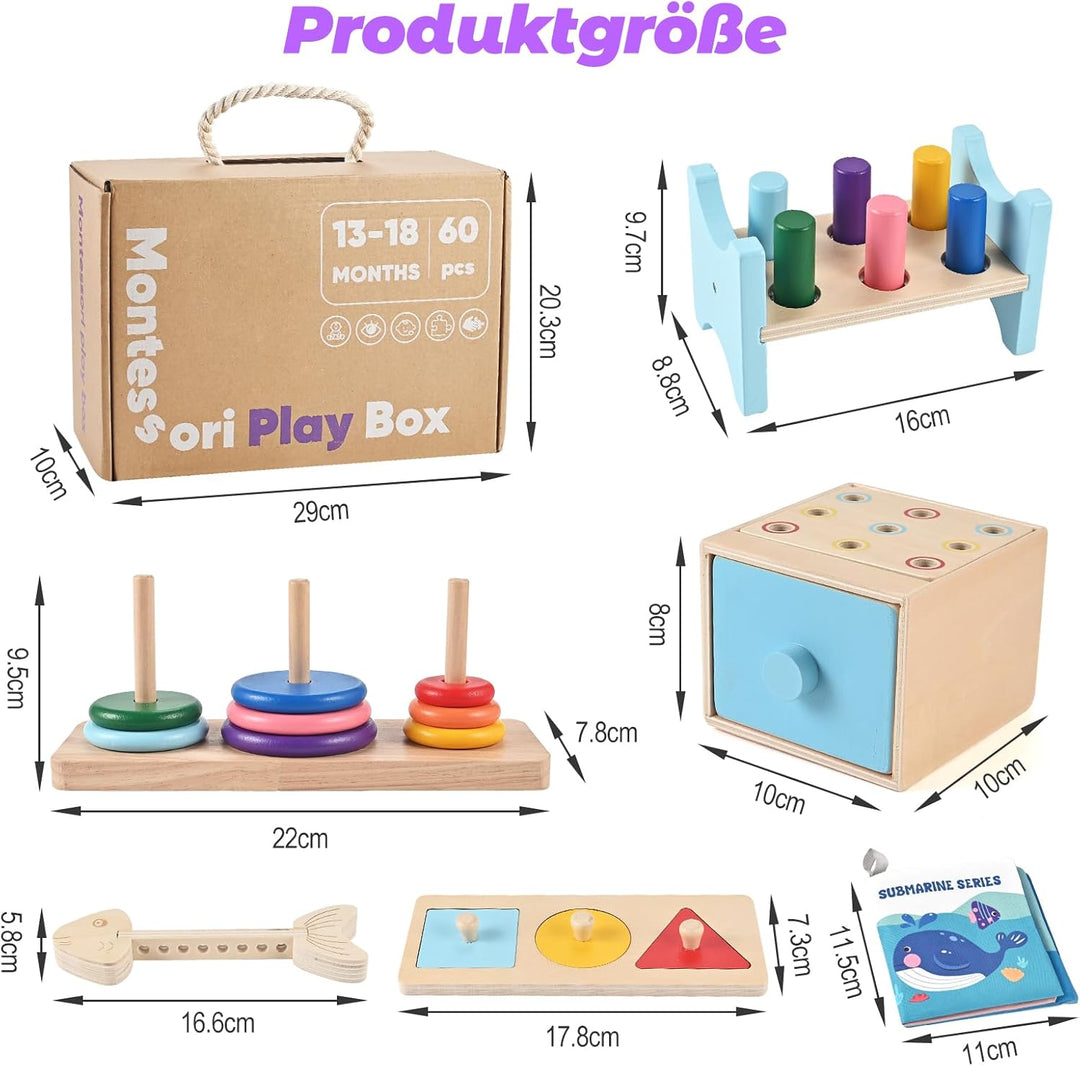 Wooderma Montessori Spielzeug ab 12 Monaten – Holzspielzeug Set mit Sortierspiel, Stapelspiel, Forme