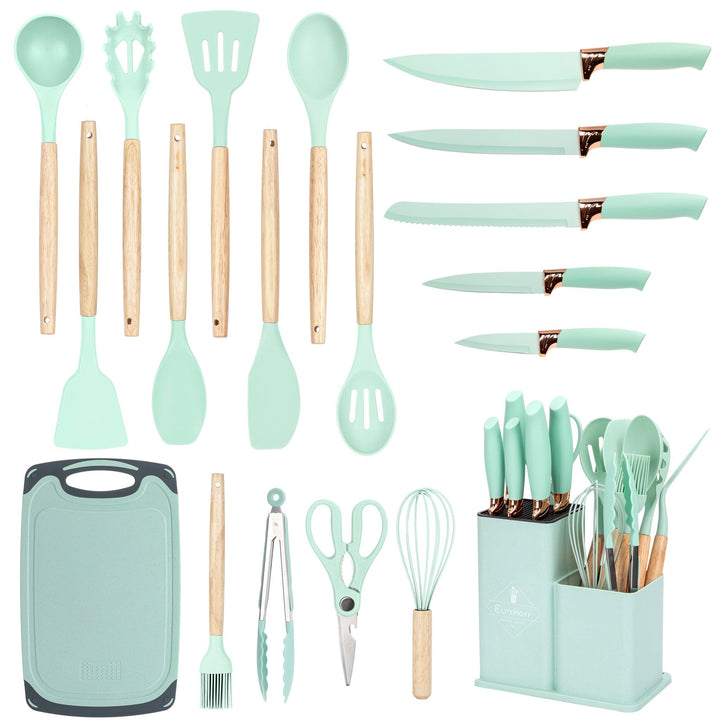 EliteHoff Küchenmesser-Set 19-teilig – Silikon-Küchenutensilien-Set mit Holzgriffen, 5 Messer, 12 Ko