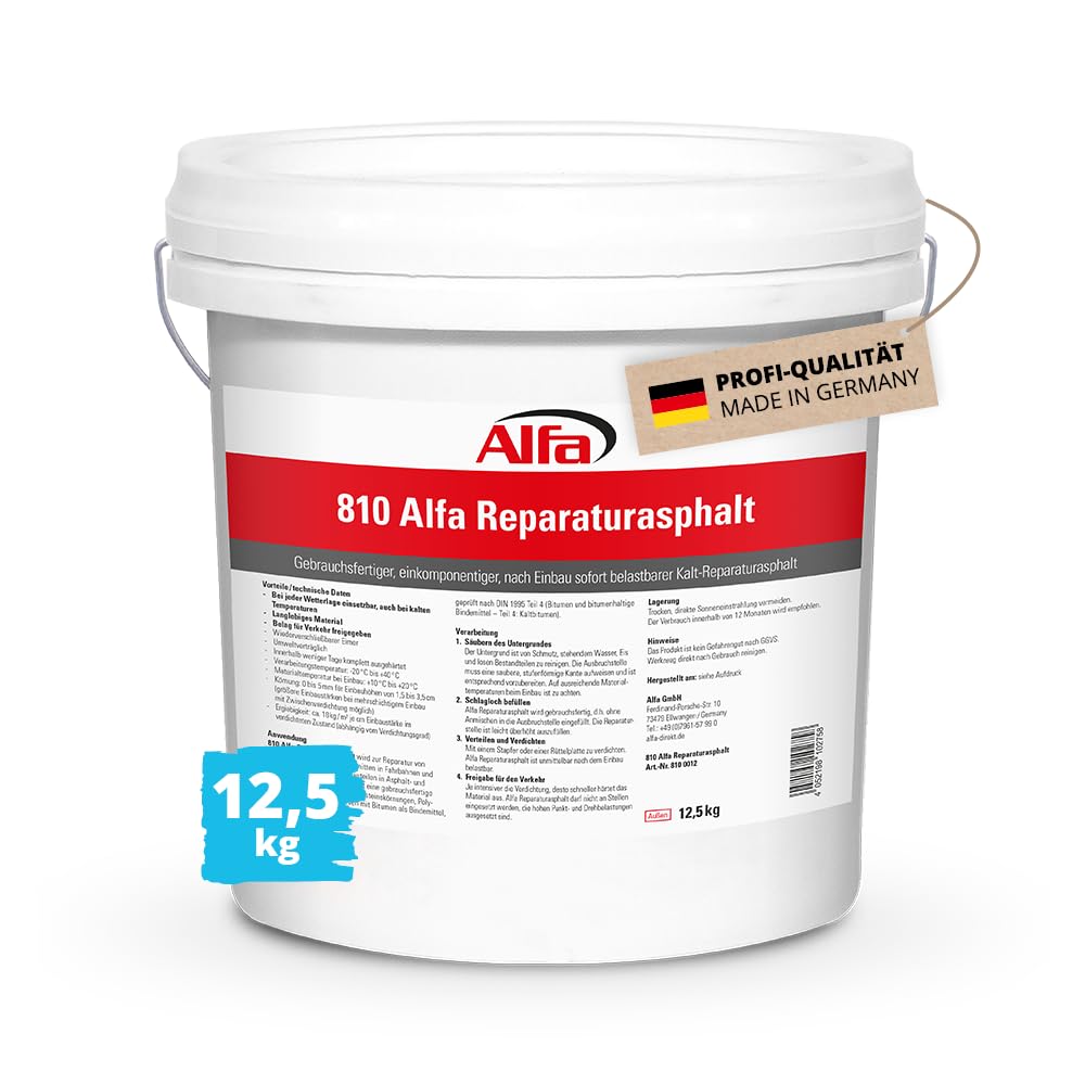 1x Alfa Reparaturasphalt 12,5 kg Profi-Qualität Kaltasphalt Körnung 0 bis 5 mm zur Ausbesserung von