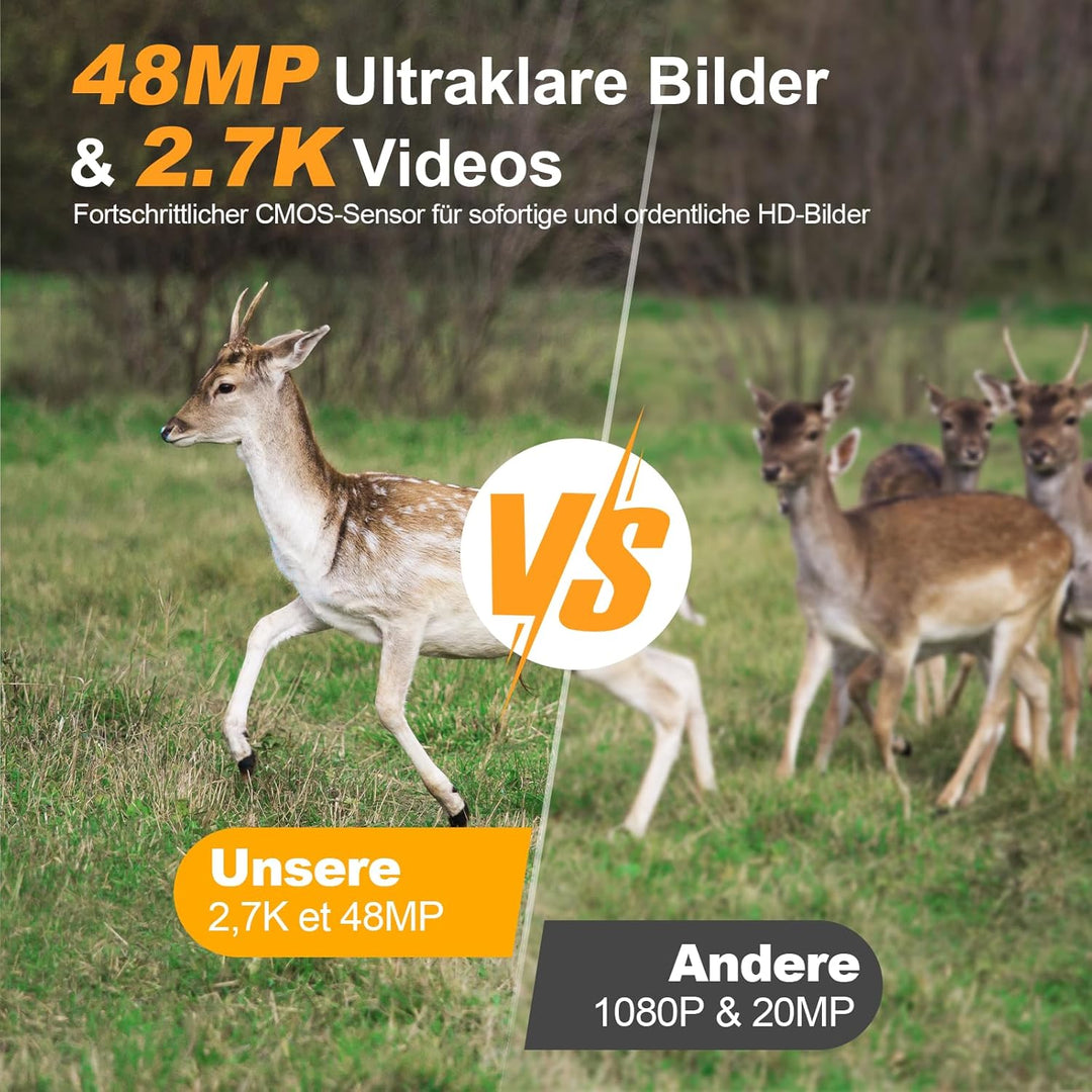 YOVOCA Wildkamera 2.7K 48MP, Wildkamera mit Bewegungsmelder Nachtsicht IP66 Wasserdicht Wildtierkame