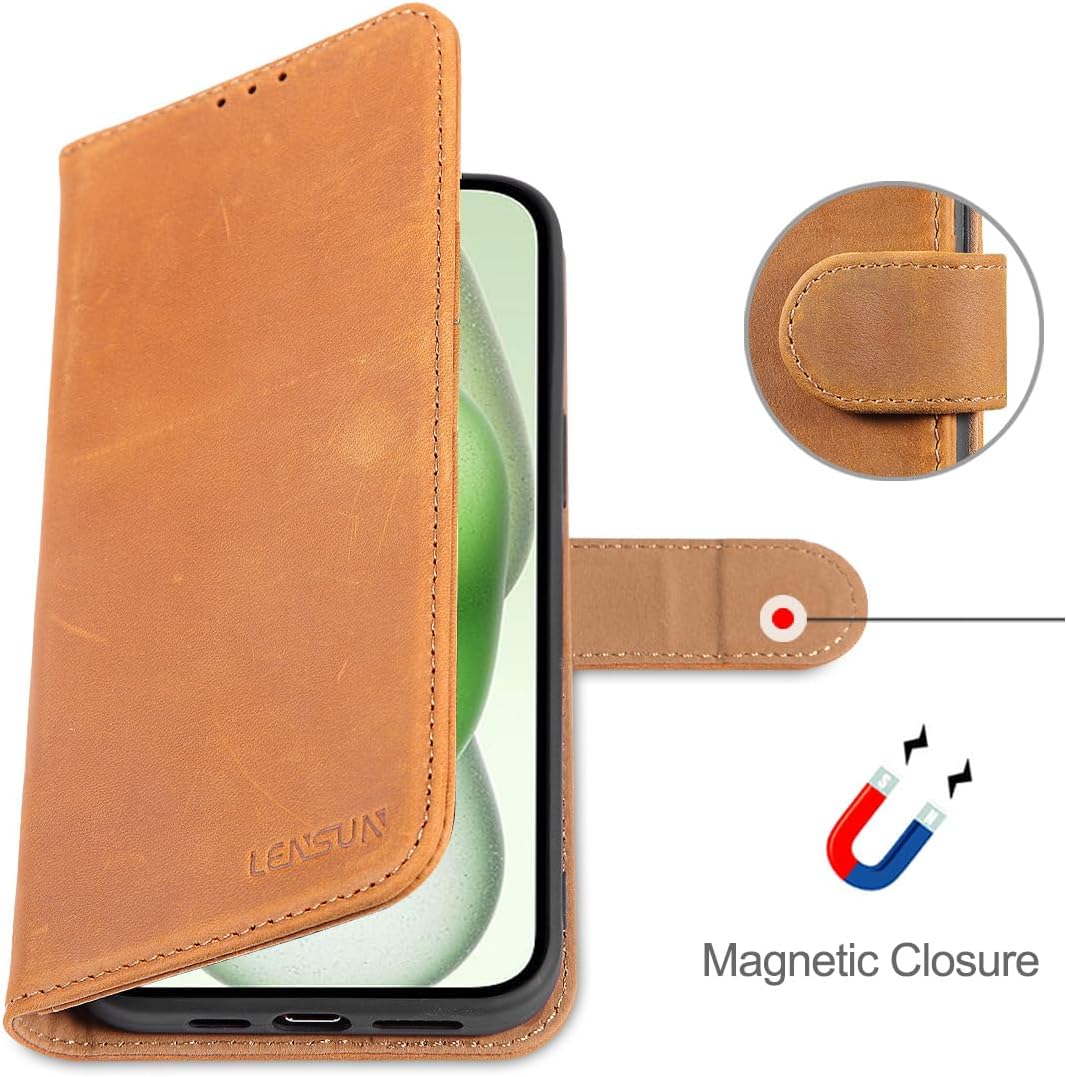 LENSUN Echtleder Hülle für iPhone 15 Plus, Handyhülle [Premium Echtes Leder][Magnetverschluss][RFID
