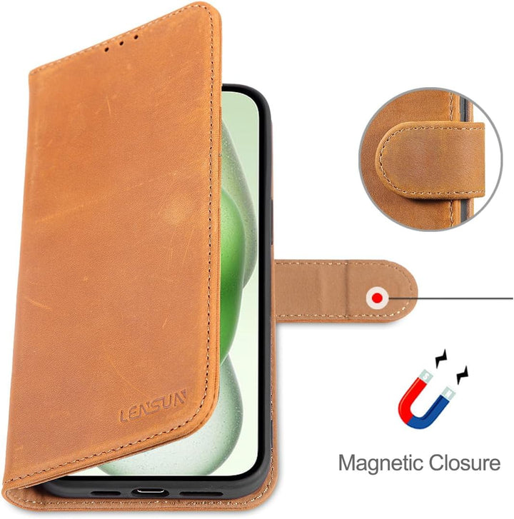 LENSUN Echtleder Hülle für iPhone 15 Plus, Handyhülle [Premium Echtes Leder][Magnetverschluss][RFID