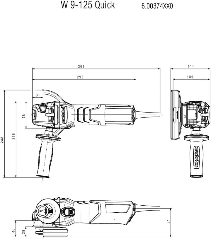 Metabo Winkelschleifer W 9-125 Quick (600374000) Karton, 900 Watt, Scheiben-Ø: 125 mm, Leerlaufdrehz