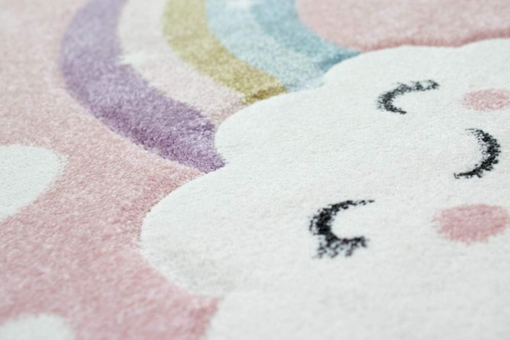 Teppich-Traum Kinderteppich Kinderzimmerteppich Regenbogen mit Wolken und Herzen in rosa Grösse 80x1