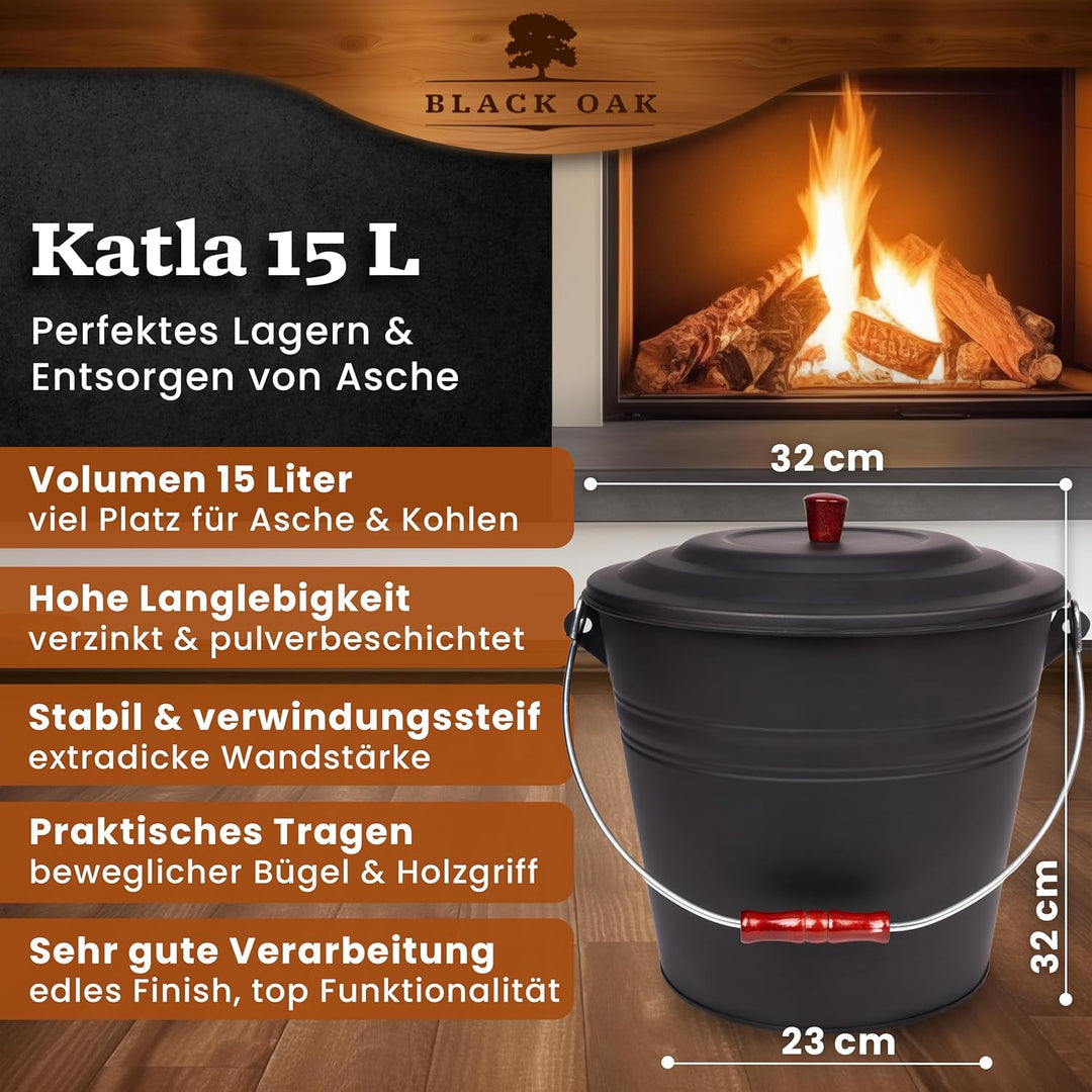 BLACK OAK Ascheeimer KATLA 15L – schwarz Deckel mit Holzknopf - gross 15 Liter - Stahl feuerfest ver