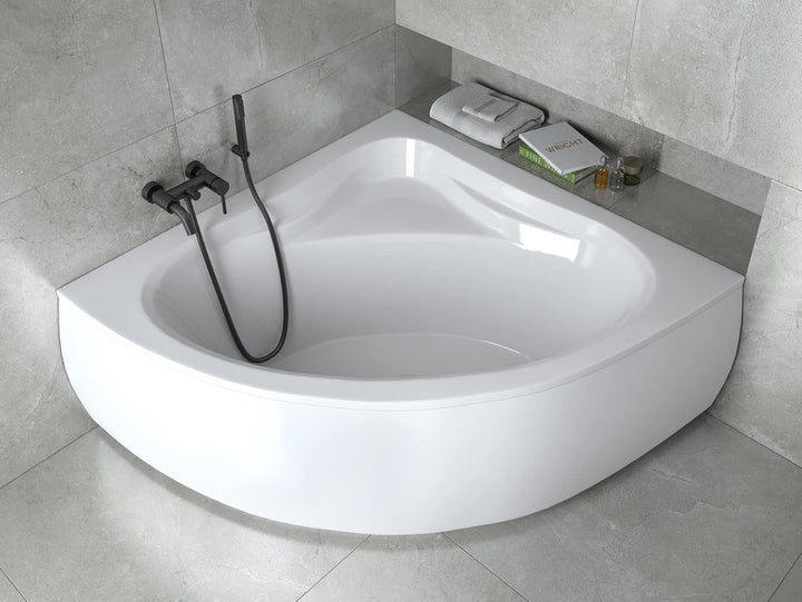 BADLAND Badewanne Original Weiss Acryl Wanne Eckbadewanne MIA 140x140 KOMPLETTSET SET + Füssen und E