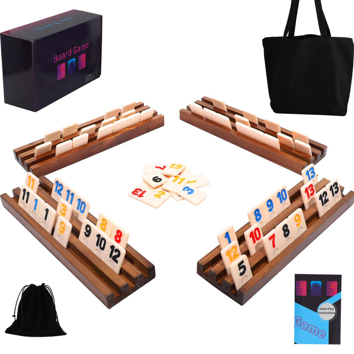 Rummy Cup Original, 4 Player Rummy Cup inklusive 106 Spielsteinen, 4 Holz-Steinehaltern, Kordelzug-A