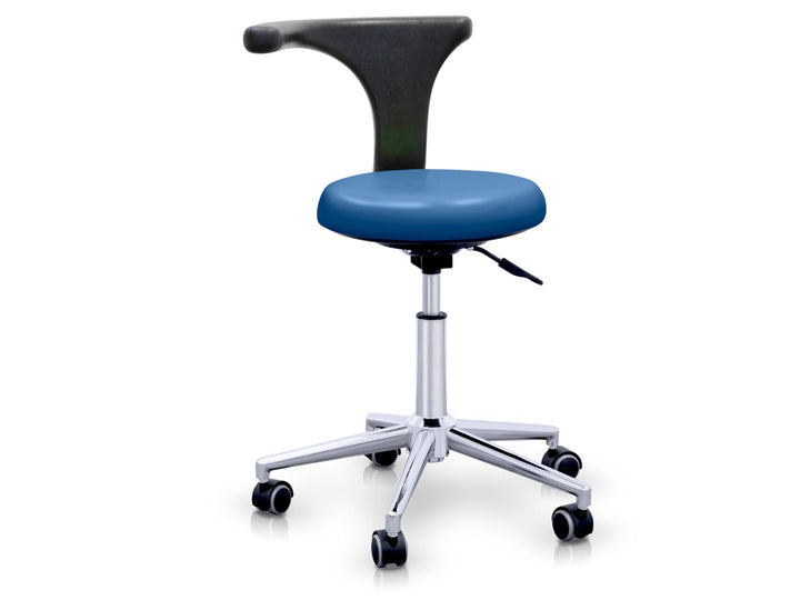 QUIRUMED Hocker mit professioneller ergonomischer Rückenlehne, Farbe Marineblau, Edelstahlstruktur,