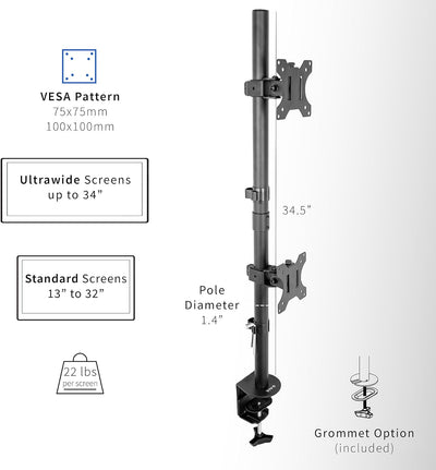 VIVO Dual LCD Monitor Desk Mount Stand Heavy Duty Stacked, Holds Vertical 2 Screens up to 32" (STAND