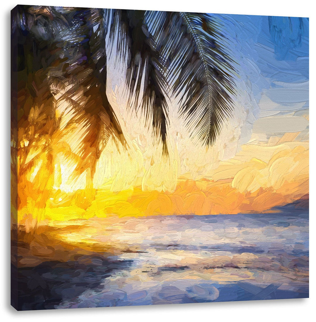 Pixxprint Romantischer Karibikstrand Pinsel Effekt, Format: 70x70 auf Leinwand, 70x70