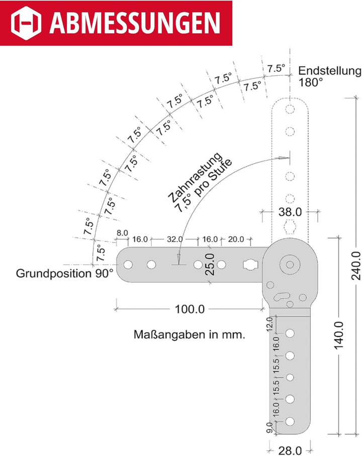 Gedotec Rasthochstell-Beschlag Polster-Gelenk C25 Rastomat 90° | Arm-Lehnenversteller 11-fach verste