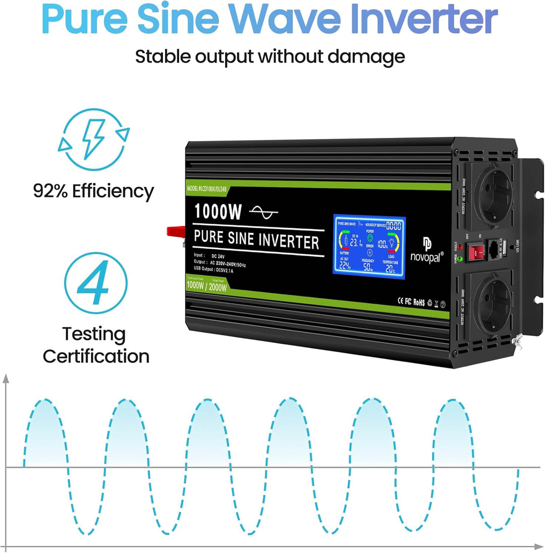 NOVOPAL 3000W Reiner Sinus Wechselrichter -Spannungswandler 24v auf 230v mit LCD Display Fehlercodes
