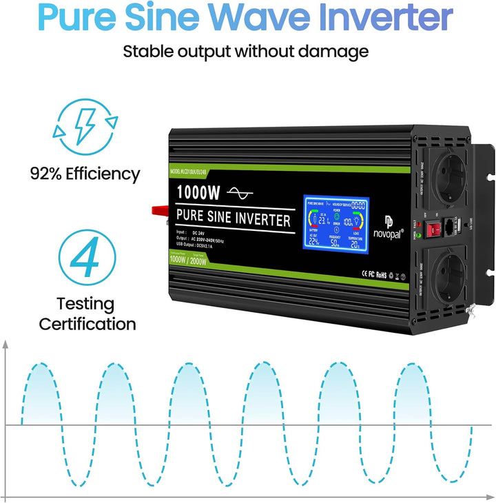 NOVOPAL 3000W Reiner Sinus Wechselrichter -Spannungswandler 24v auf 230v mit LCD Display Fehlercodes