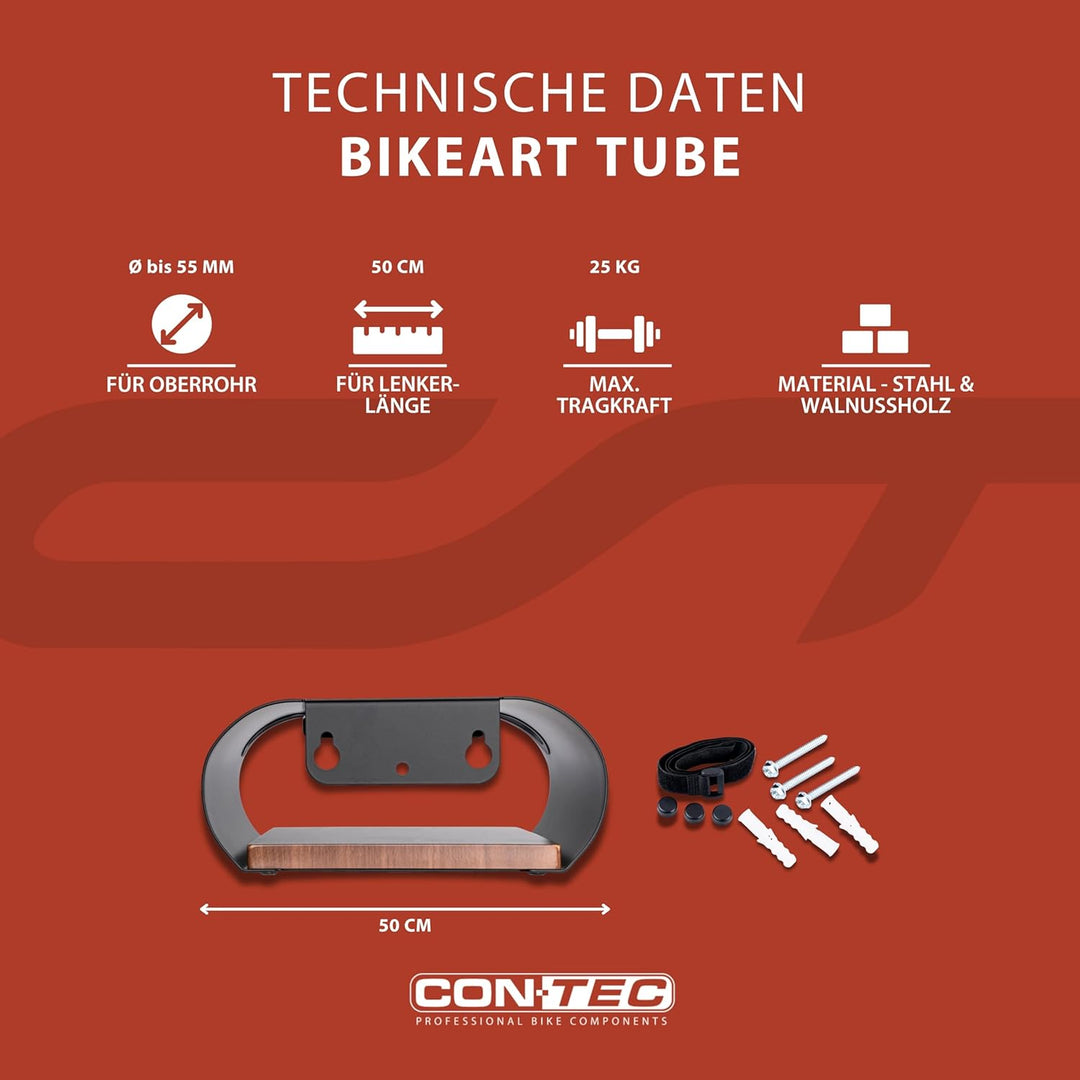 CONTEC Wandpräsenter bikeART Tube, 25kg, aus Stahl und Walnussholz, inkl. Befestigungsmaterial, für