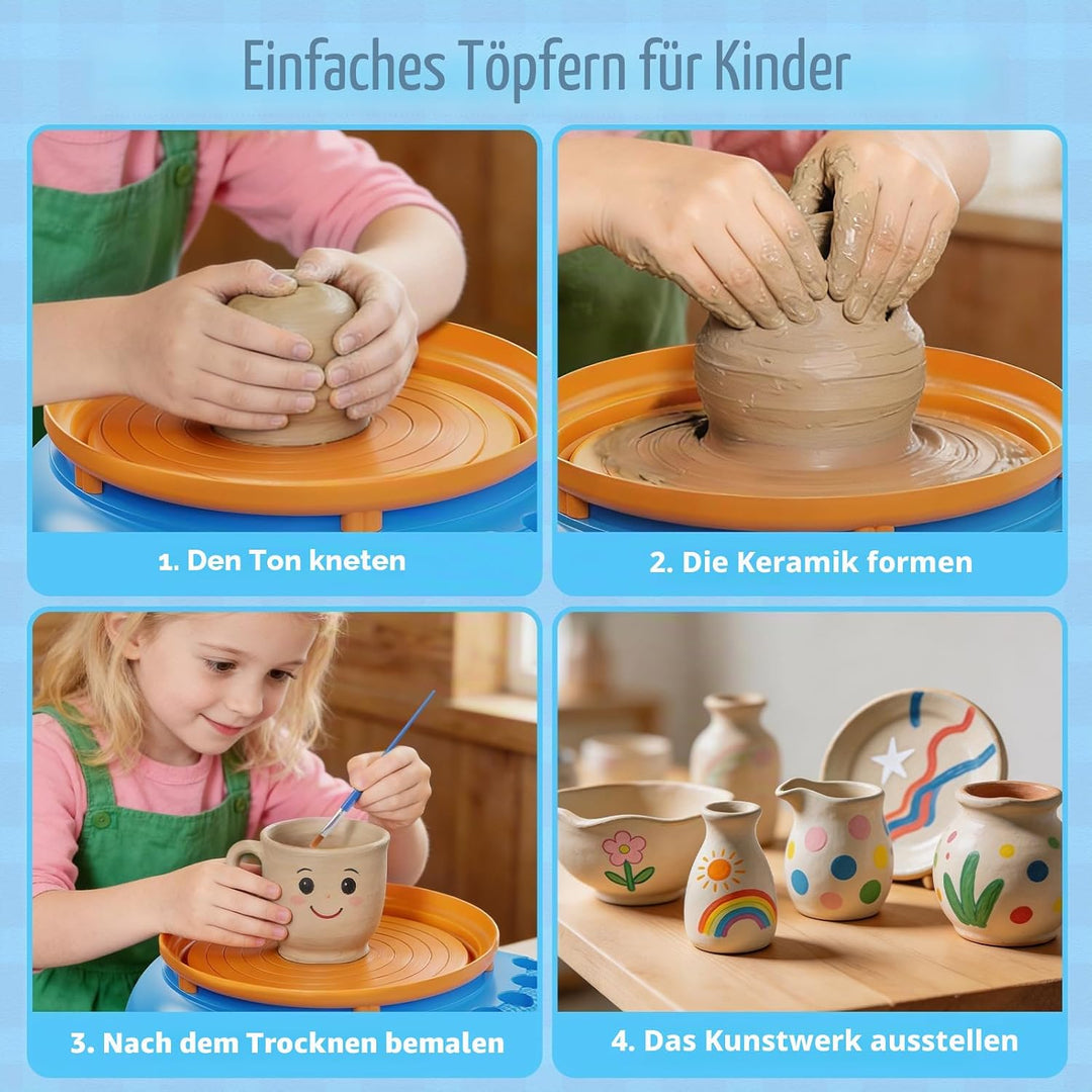 Bastelset Mädchen Jungen 6 7 8 9 10 11 12 Jahre - Töpferscheibe Kinder mit Ton & Farben, Kreativ Set