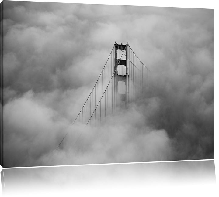 Pixxprint Golden Gate Bridge über den Wolken / 100x70cm Leinwandbild bespannt auf Holzrahmen/Wandbil