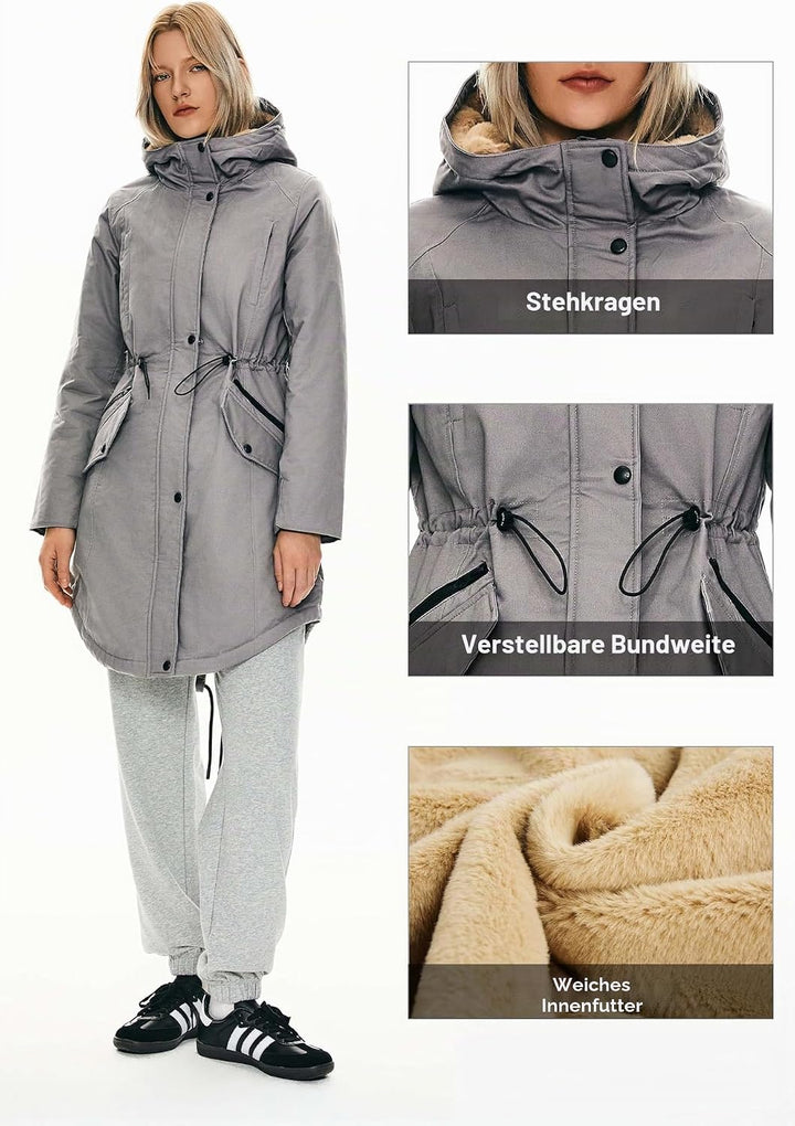 Orolay Damen Kapuzen Fleece Gefüttert Parka-Mantel Mittlere Länge Winter Draussen Gepolstert Jacke X