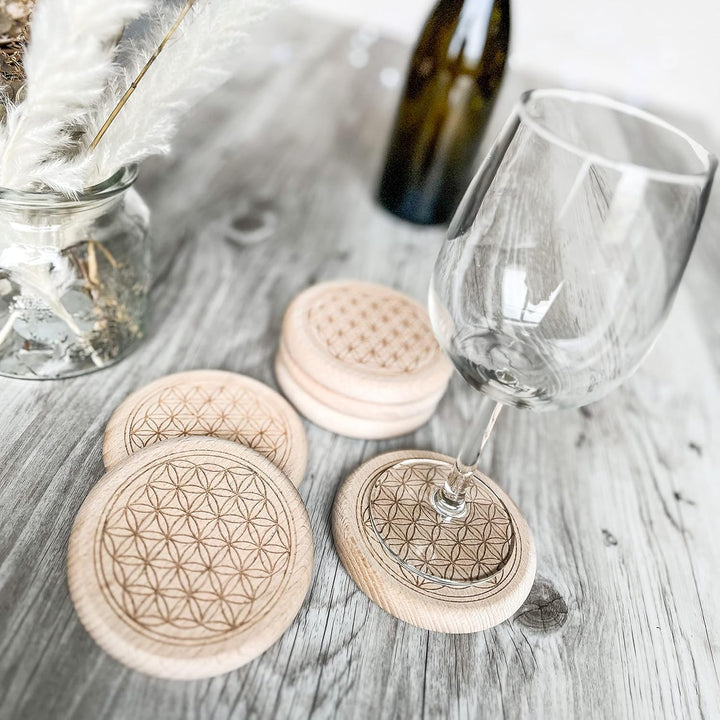 Spruchreif | Glasuntersetzer/Glasabdeckung mit Holz-Ständer | Motiv: Blume des Lebens (6er Set) | Es