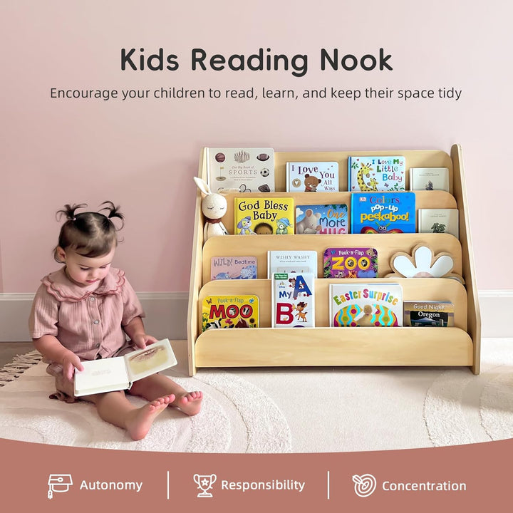 OOOK Bücherregal Kinder Holz mit 4 Ablagen, Montessori-bücherregal Kinderzimmer, Frontales Bücherreg