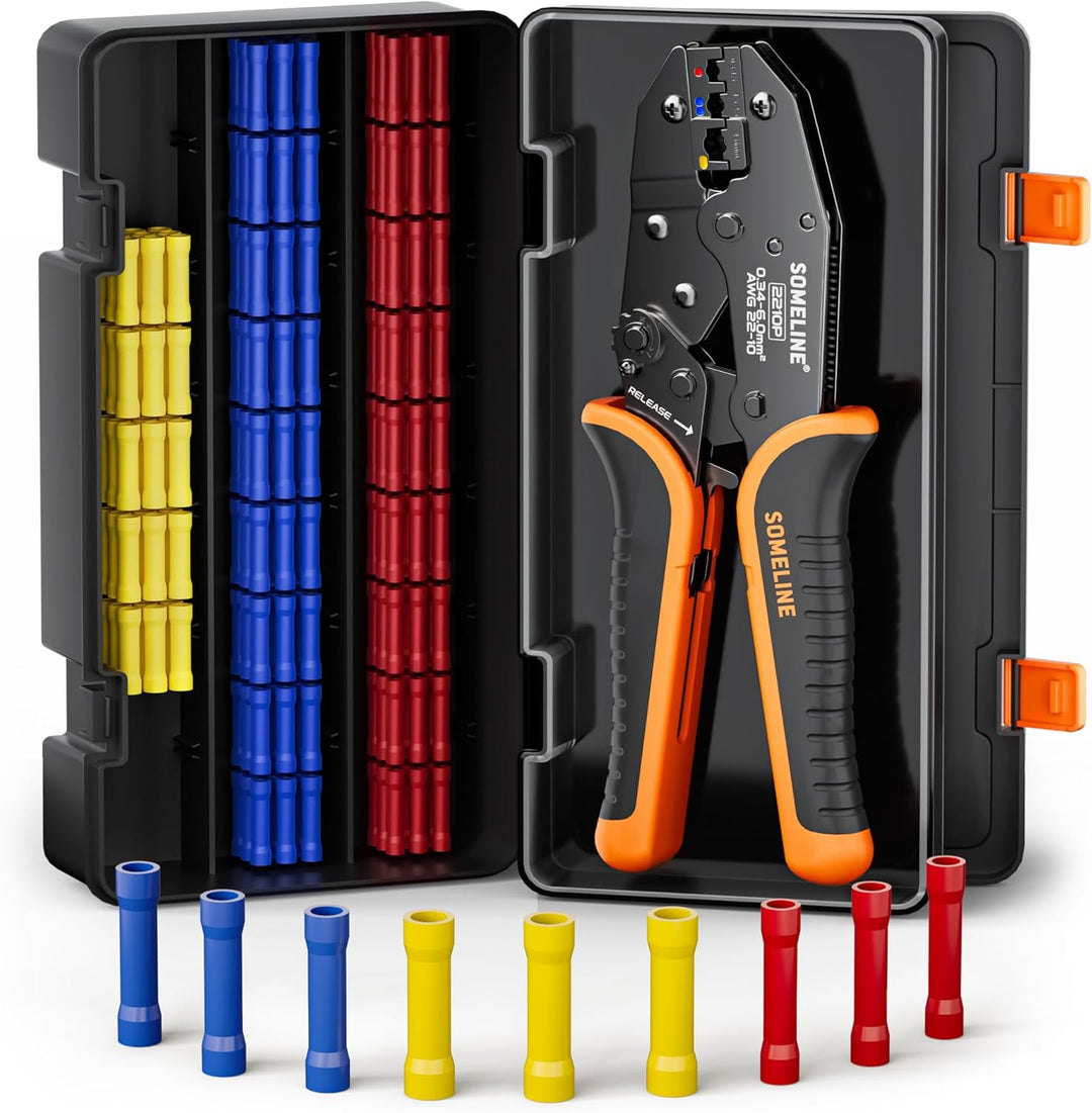 SOMELINE® Crimpzange Stossverbinder Set, 0,34-6mm² Kabelschuhzange, mit 3 Arten Isolierte Stossverbi