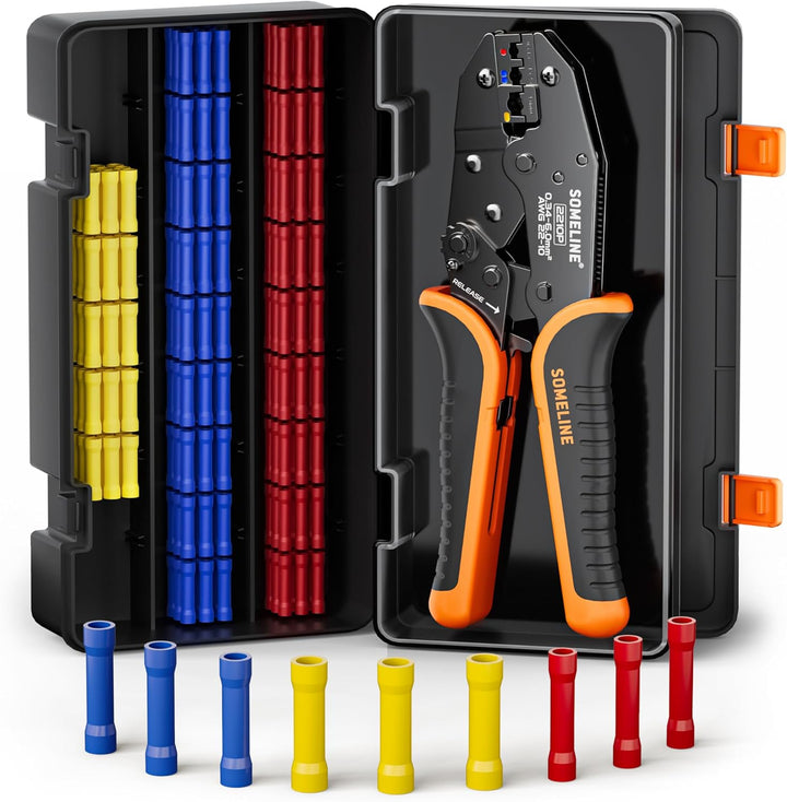 SOMELINE® Crimpzange Stossverbinder Set, 0,34-6mm² Kabelschuhzange, mit 3 Arten Isolierte Stossverbi