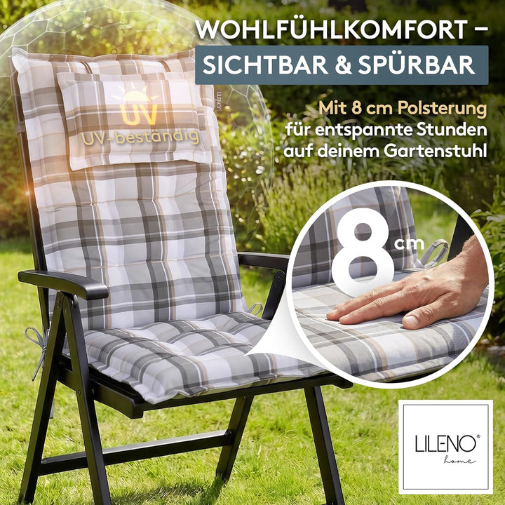 LILENO HOME Gartenstuhl Auflagen als [2er Set - Hochlehner] in Karo Grau Y - Bequeme Liegen als Sitz