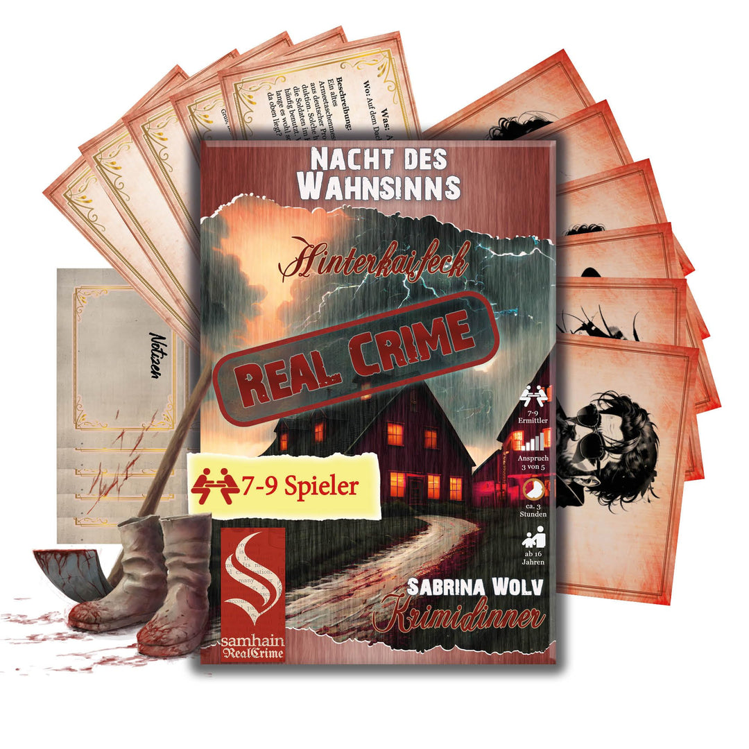 Samhain VERLAG - Real Crime Dinner - Nacht des Wahnsinns für 7-9 Spieler, ab 16 Jahre