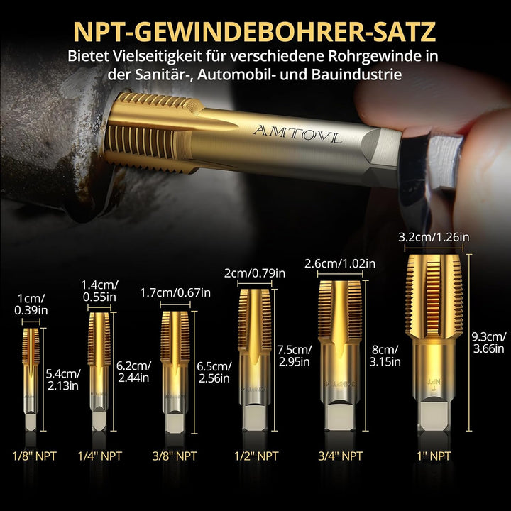 AMTOVL 6tlg. NPT Rohrgewindebohrer Set Gewindebohrer 1/8", 1/4", 3/8", 1/2", 3/4", 1&