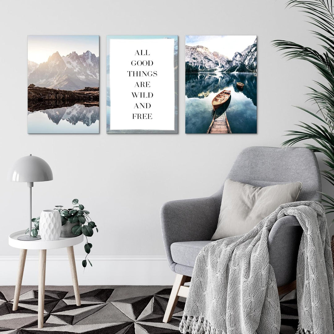 Novart Wandbilder Set Berge und See - KOMPLETT AUFHÄNGFERTIG - Wohnzimmer Schlafzimmer Deko - 3 Mode