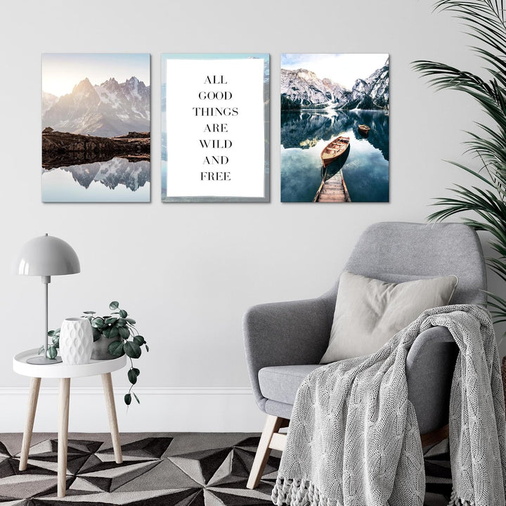 Novart Wandbilder Set Berge und See - KOMPLETT AUFHÄNGFERTIG - Wohnzimmer Schlafzimmer Deko - 3 Mode
