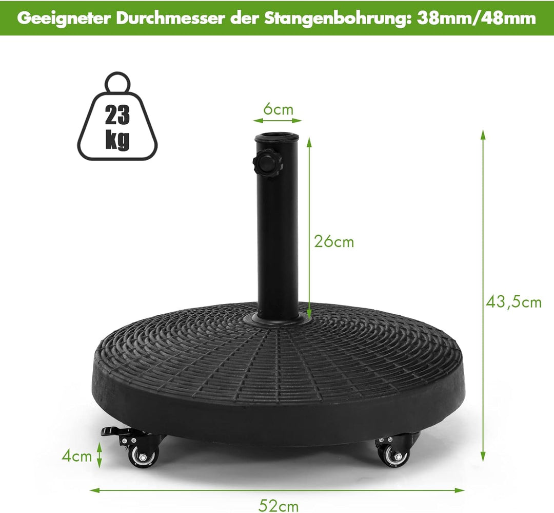 COSTWAY 23 kg Sonnenschirmständer mit Rollen, Φ52cm Schirmständer für Schirmstangen von 38/48 mm, Ma