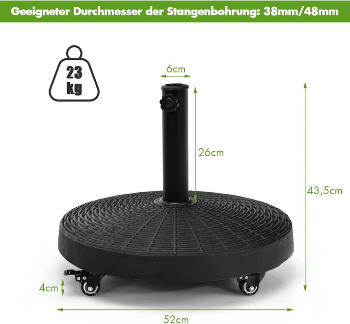 COSTWAY 23 kg Sonnenschirmständer mit Rollen, Φ52cm Schirmständer für Schirmstangen von 38/48 mm, Ma