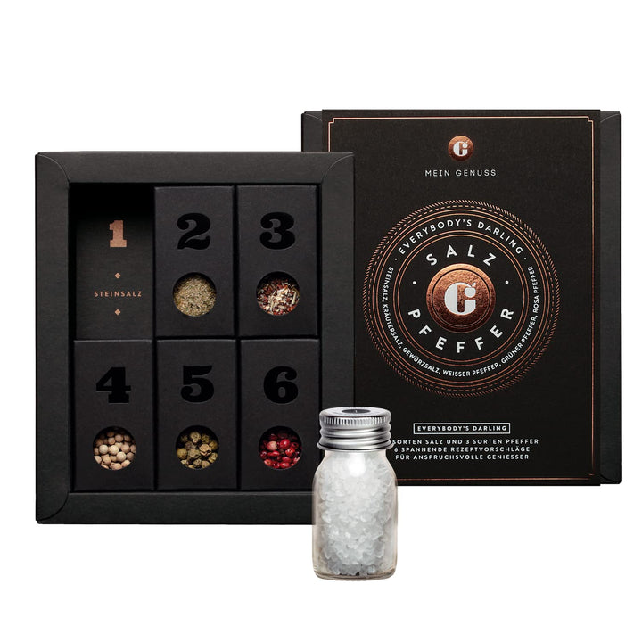 MEIN GENUSS Gewürzset Salz und Pfeffer – Salz und Pfeffer Probier-Set – Geschenk für Kochanfänger un