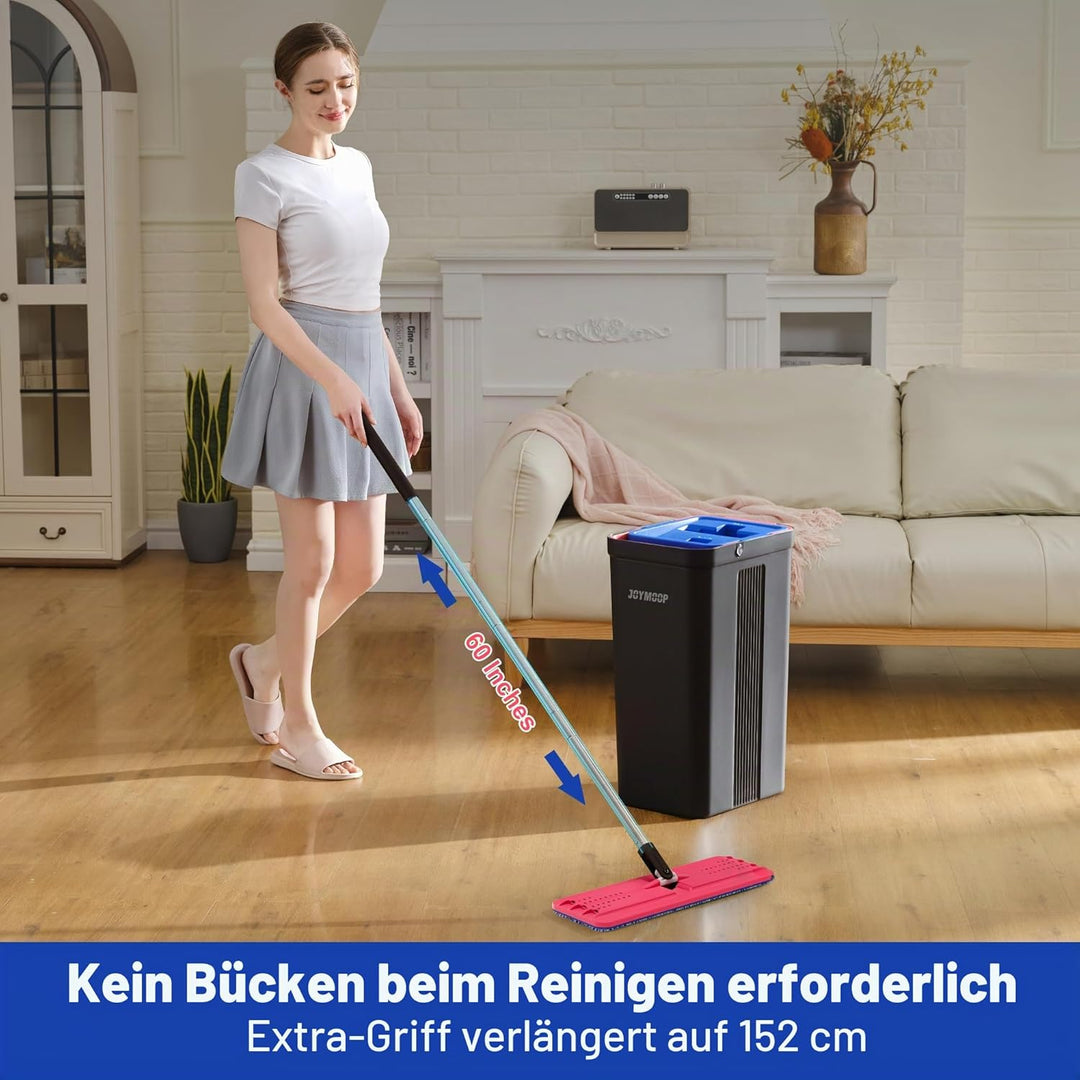JOYMOOP Wischmopp und Eimer mit Auswringer-Set, freihändiger Flacher Bodenwischer und Eimer, mit 6 w