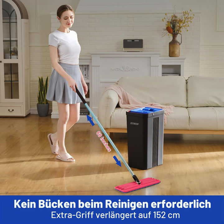 JOYMOOP Wischmopp und Eimer mit Auswringer-Set, freihändiger Flacher Bodenwischer und Eimer, mit 6 w