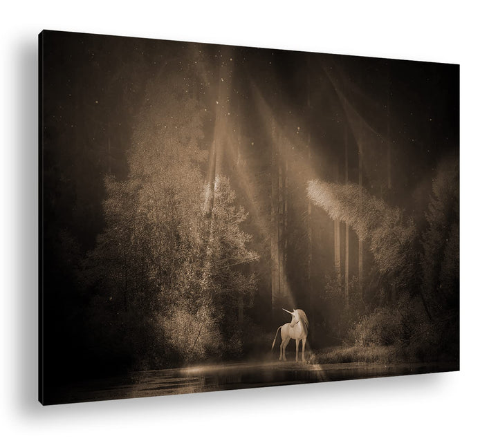 deyoli Einhorn auf einer Waldlichtung Format: 80x60 Effekt: Sepia als Leinwandbild, Motiv fertig ger