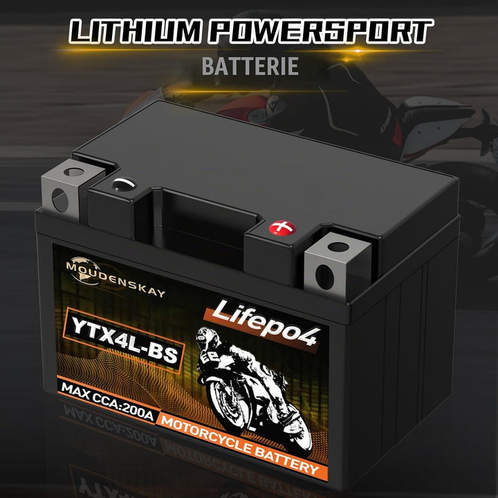 MOUDENSKAY Lithium Motorrad Batterie 12V Lithium Powersports Batterie mit BMS (YTX4L-BS 12.8V 2Ah 20