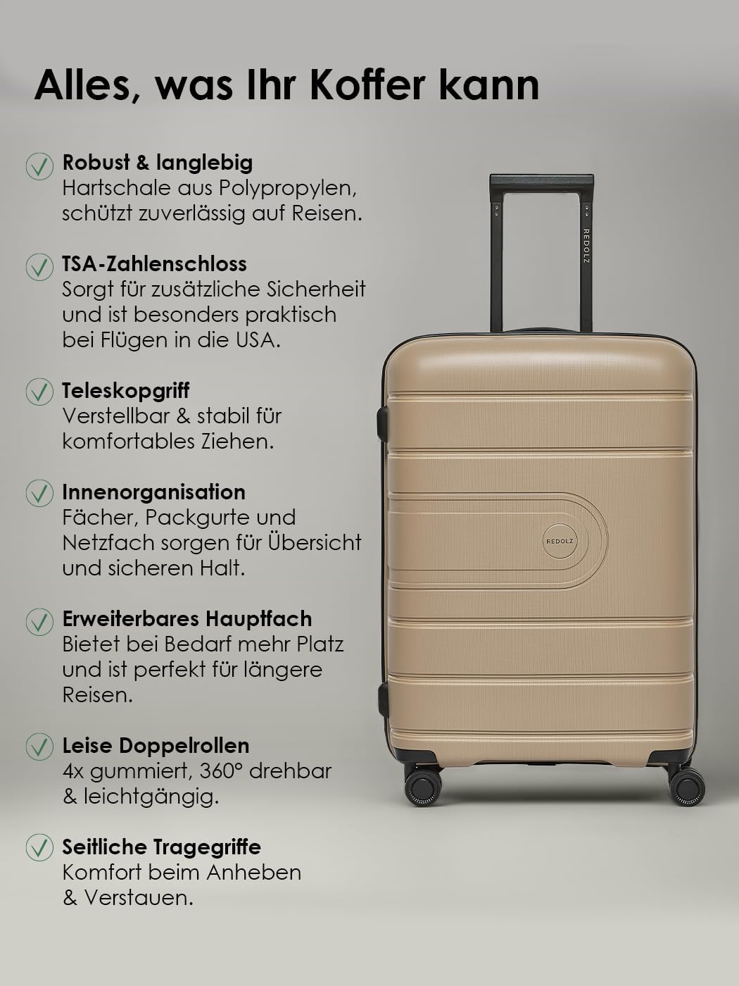REDOLZ Hartschalen Check-in Koffer | Mittelgrosser M Trolley 46 x 28 x 66 cm mit Dehnfalte aus hochw