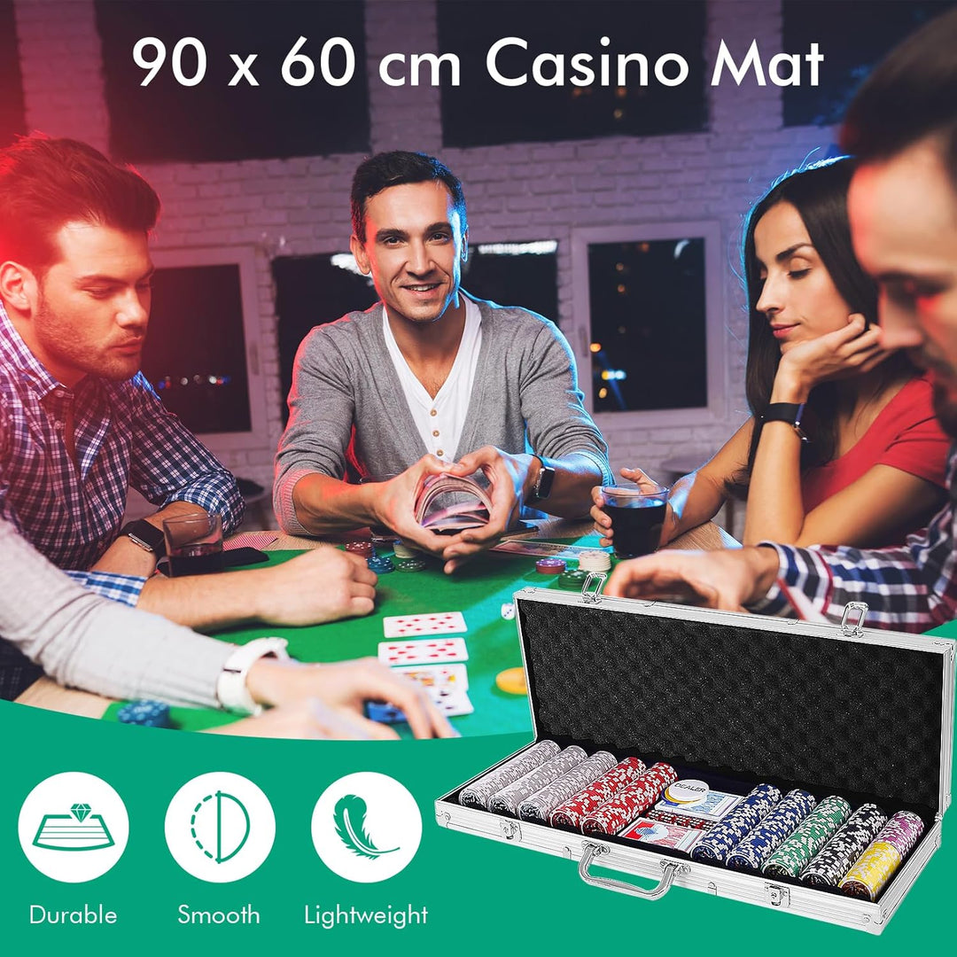HOMASIS Pokerset mit 500 Chips, Alu Pokerkoffer mit 2 Kartendecks, 5 Würfeln, 3 Dealer Button & Matt