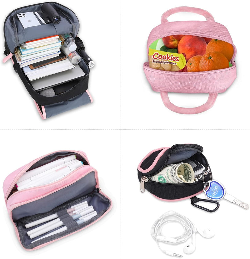 Schulrucksack Mädchen Teenager Schulranzen, Schultaschen-Set 4-in-1 mit Lunch Taschen Federmäppchen