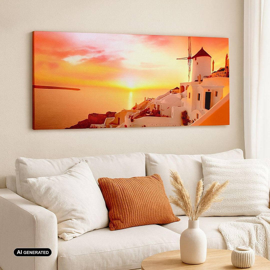 Panorama Bilder auf Leinwand 100x40cm Leinwandbild Santorini Griechenland Urlaub Gross Wanddeko Bild