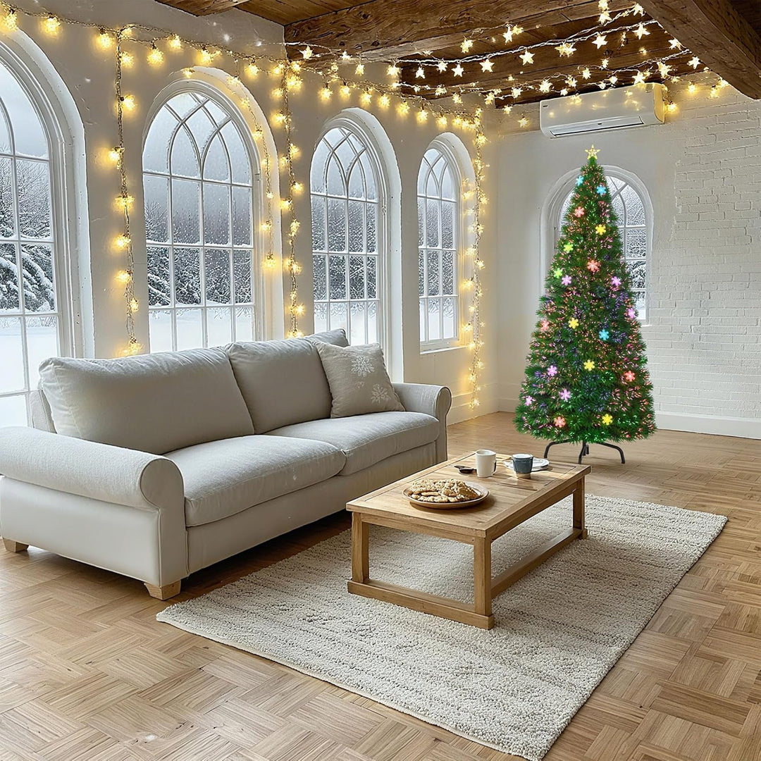 Aufun Weihnachtsbaum Künstlicher 210 cm mit LED Glasfaser und Schneeflocken Weihnachtsdeko Christbau