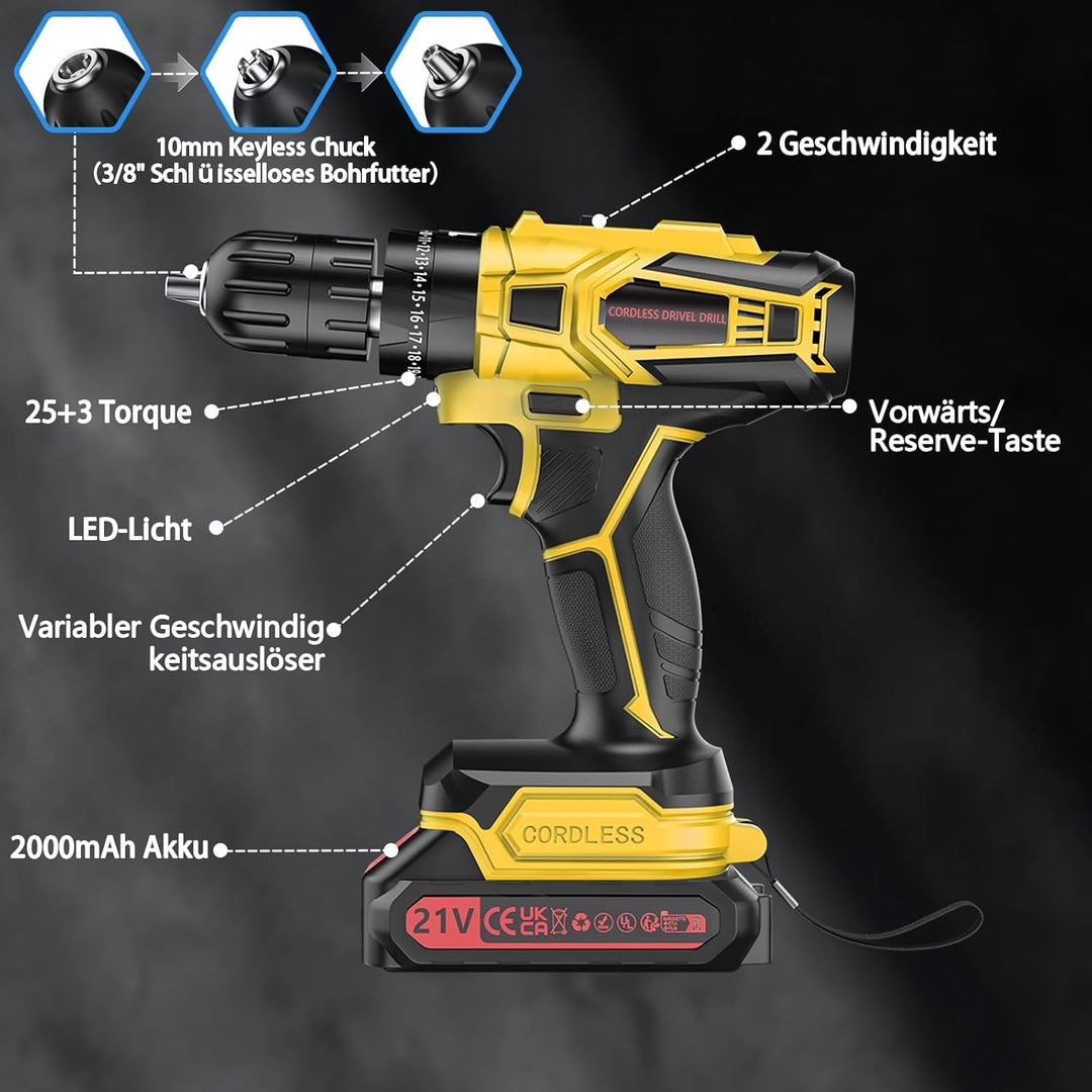 Akkuschrauber, 21V Akku Bohrschrauber Set mit 2 Akkus 2.0Ah, 45 Nm Max, 25+3 Drehmomentstufen,2-Gang