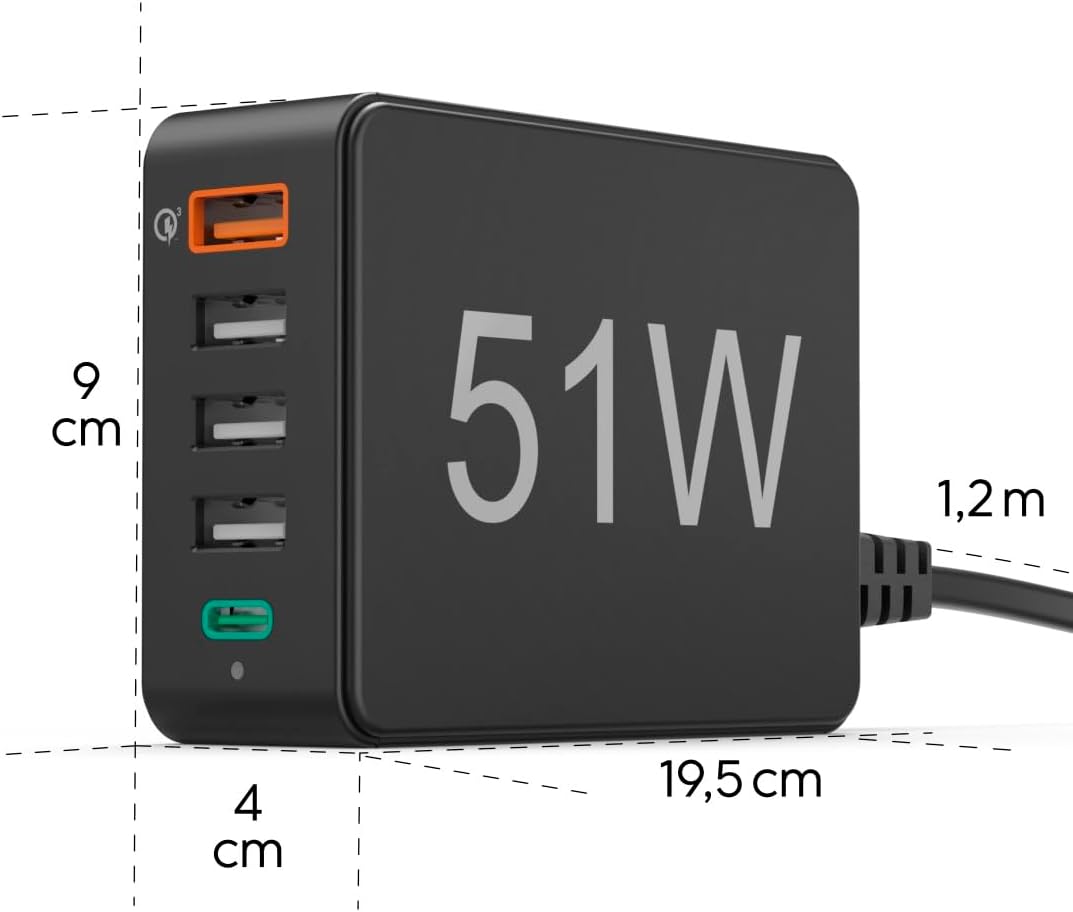 Hama USB-Ladegerät mehrfach -Ladestation 5 Port 51W (5 in 1 Ladegerät mehrere Geräte mit -C PD, QC 3