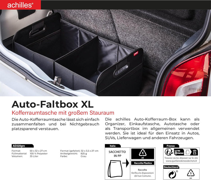 achilles Auto Kofferraum Organizer XL – Kofferraumtasche XL mit viel Stauraum – Geräumige &amp; Pflegele